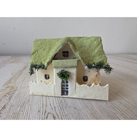 Seasons Cannon falls light up paper mache house green glitter sparkle Xmas villa - Picture 1 of 6